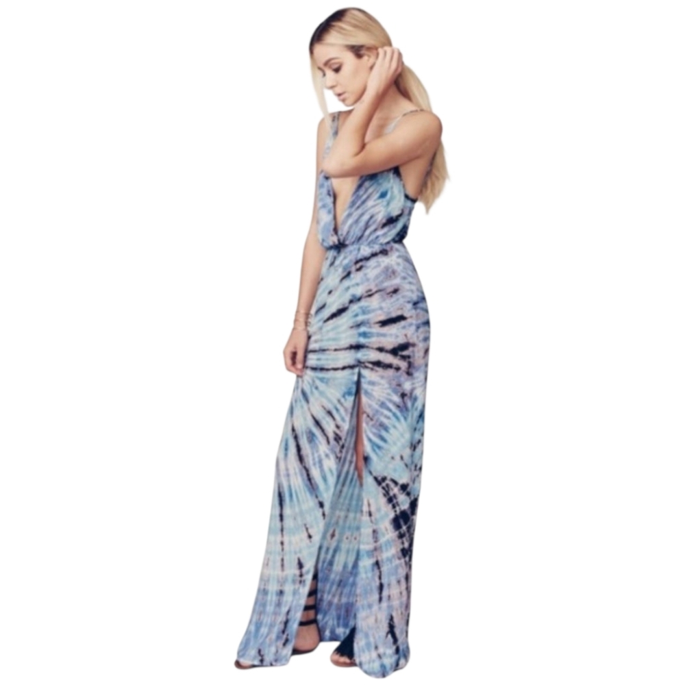 Blue Life High Tide Tie Dye Maxi Dress Small Coastal Resort Plunge Slit Festival